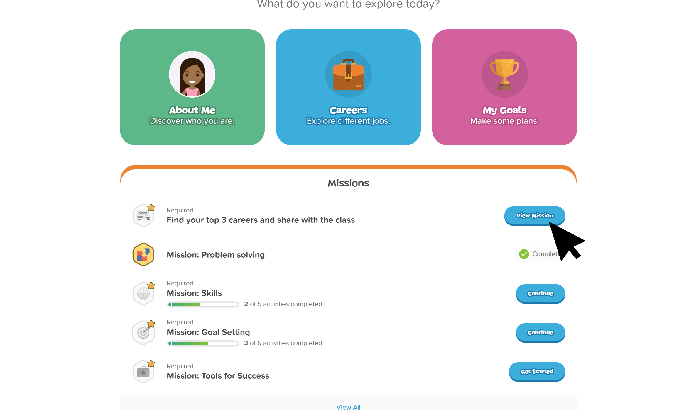 Student dashboard in Xello 3-5 with cursor hovering over Missions button that says Get Started